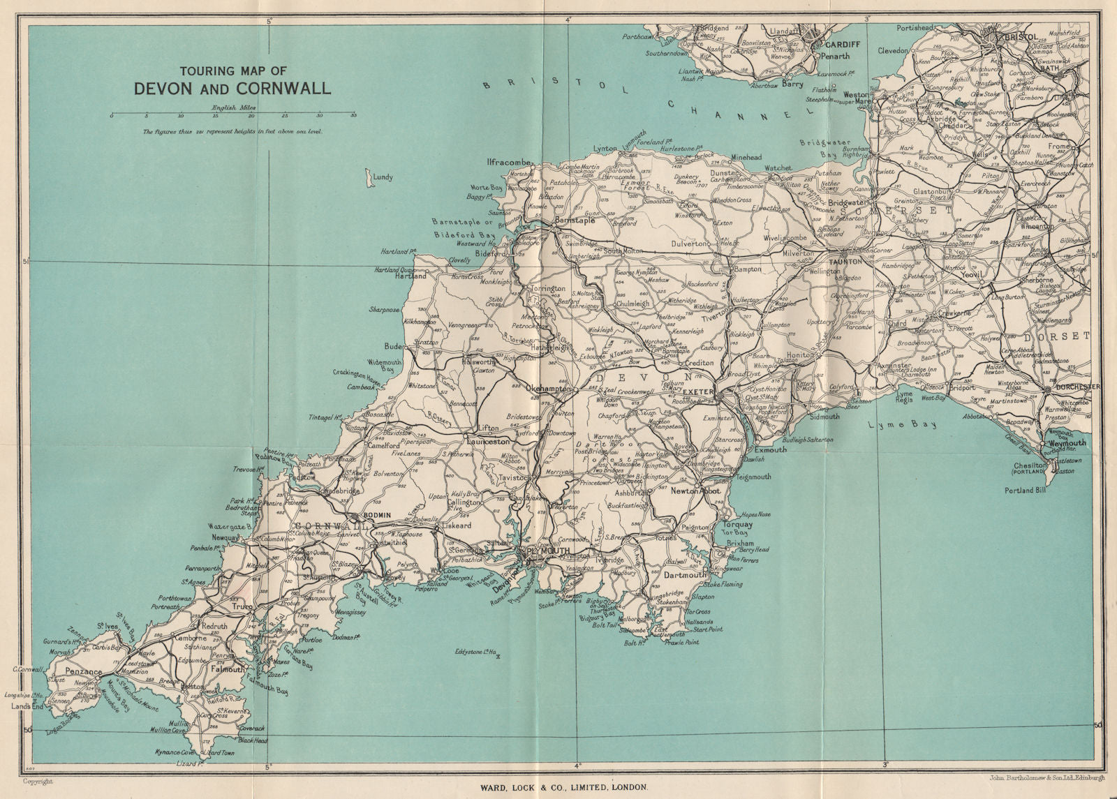 SOUTH WEST ENGLAND. Touring map of Devon & Cornwall. WARD LOCK c1955 old